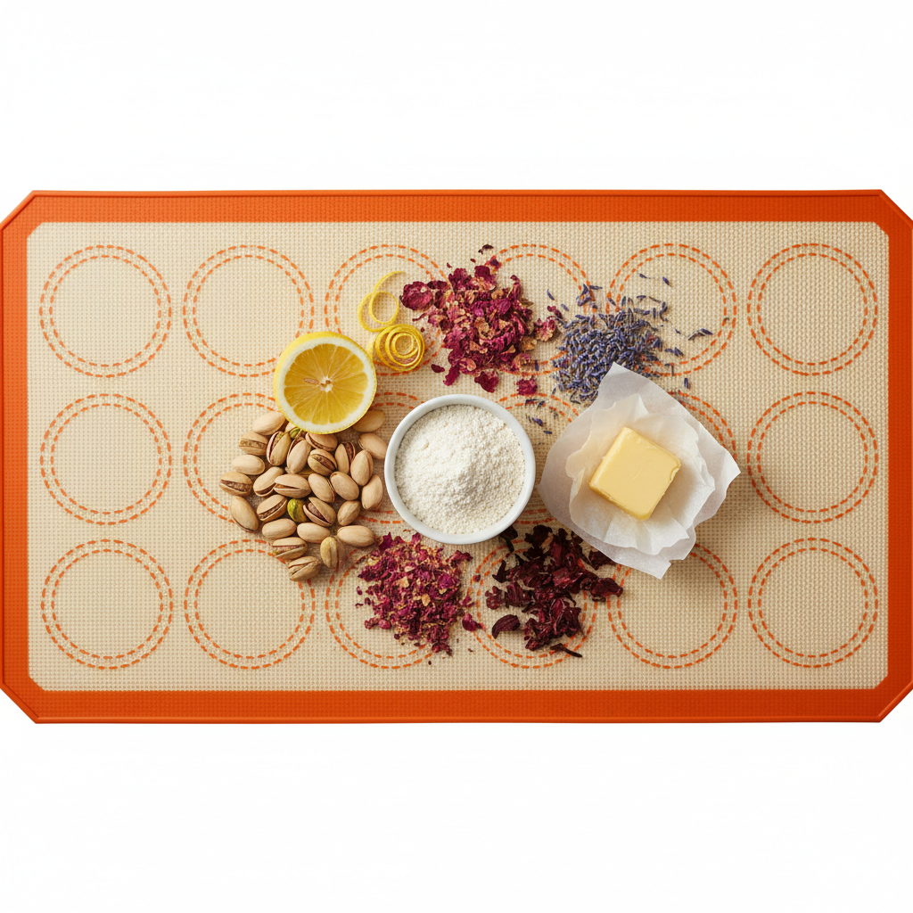 Quality baking ingredients laid out on a kitchen counter